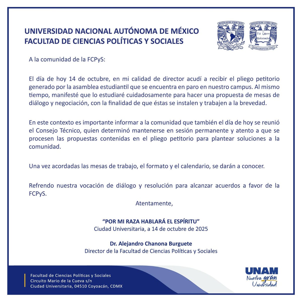 CES_FCPyS's tweet image. A la comunidad de la Facultad de Ciencias Políticas y Sociales: