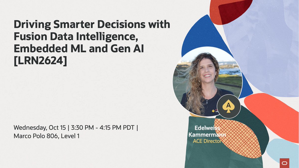 oracleace's tweet image. Ready to unlock business value from your Oracle Cloud Apps data?
Don’t miss Driving Smarter Decisions with Fusion Data Intelligence, Embedded ML and Gen AI [LRN2624] at Oracle AI World! 

Join Oracle ACE Director @EdelweissK as she shares:
🔹 How Fusion Data Intelligence combines…