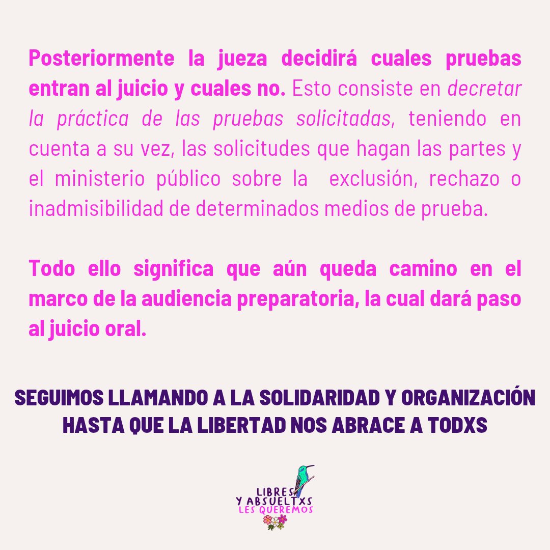 Mañana 15 de octubre continuamos en audiencia preparatoria. Seguimos llamando a la solidaridad y organización, hasta que la libertad nos abrace a todxs. 

Les queremos libres y absueltxs.