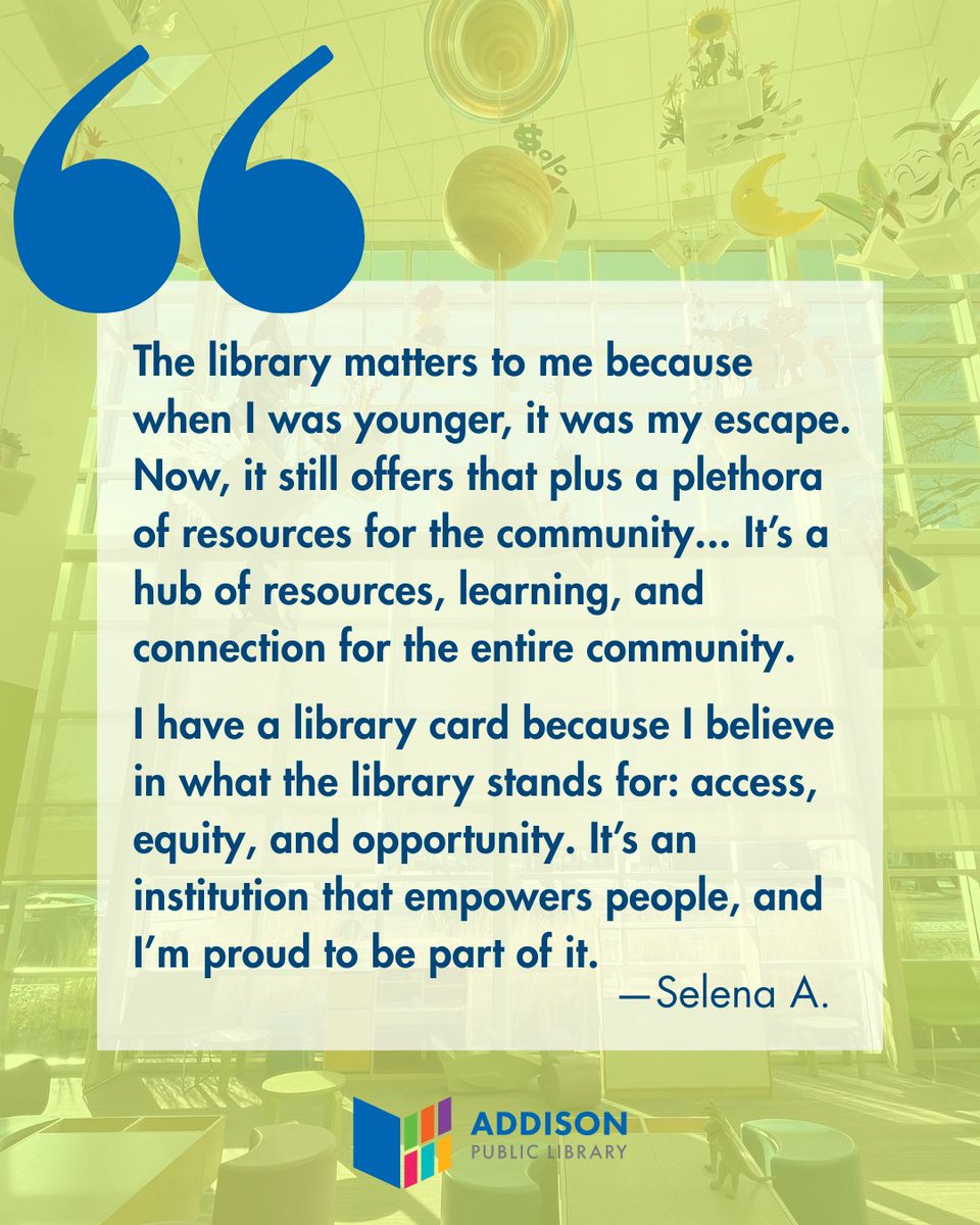 AddisonPubLib's tweet image. Your library story matters. 📣
Share your Addison Public Library story at addisonlibrary.org/because-APL.