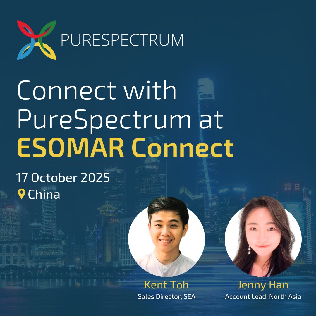 purespectrum_'s tweet image. Meet PureSpectrum at #ESOMARConnect China on 17 October 2025! Connect with Kent Toh and Jenny Han to explore how PureSpectrum drives smarter insights across Asia. #PureSpectrum