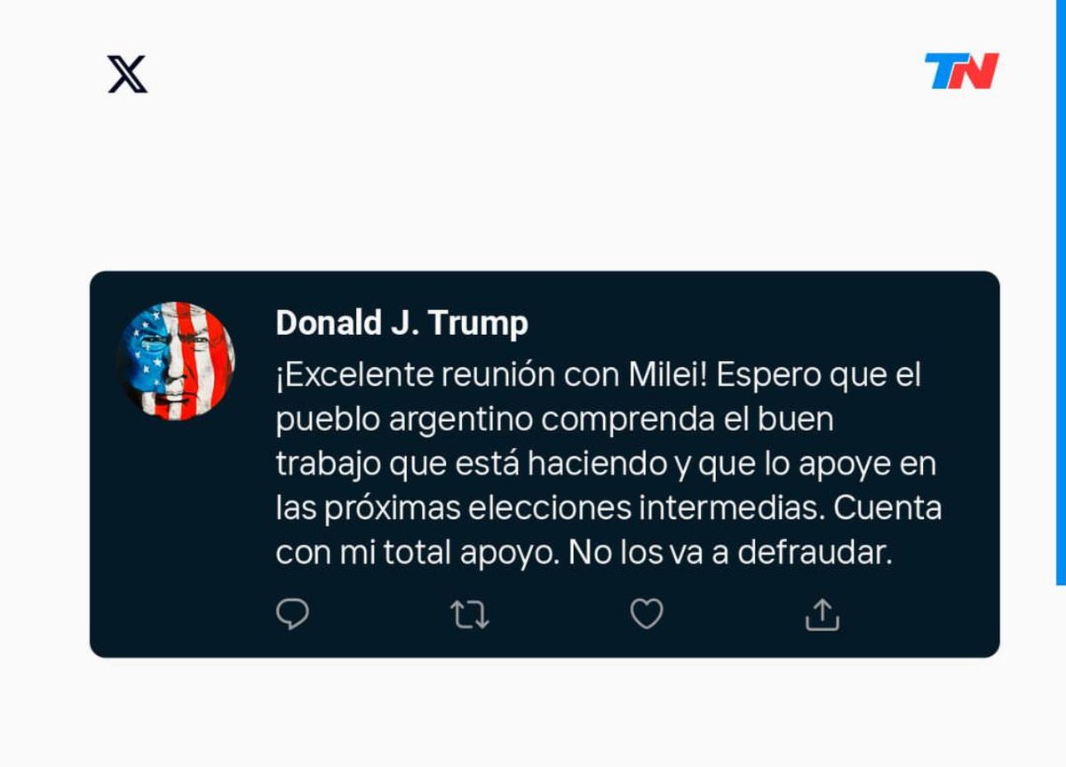 OFICIAL.
Milei es empleado de Trump.
Ni lo disimulan.
El 26 tenemos que defender nuestra Argentina.
Más que nunca.