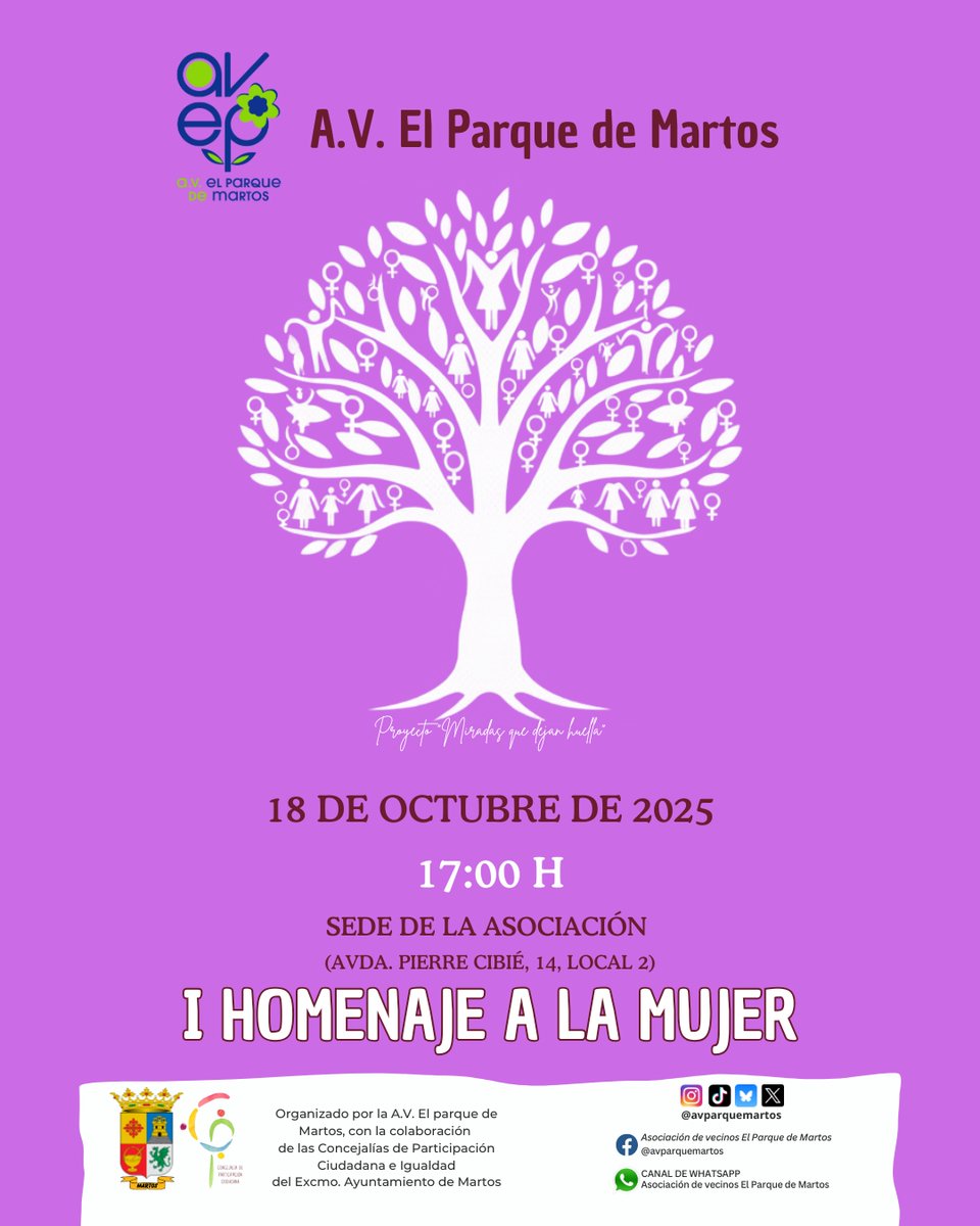 I Homenaje a la Mujer
La A.V. El Parque de Martos rendirá homenaje a Doña Isabel Torres Ariza, maestra y vecina de Martos.

📅 18 oct · 🕕 17:00 h
📍 Sede A.V. El Parque (Avda. Pierre Cibié, 14 – Local 2)

#Martos #HomenajeALaMujer #Igualdad #ParticipaciónCiudadana