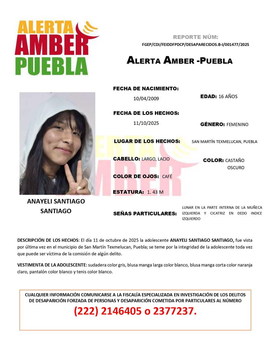 #AlertaAmber | Solicitamos su apoyo para la búsqueda y localización de la adolescente ANAYELI SANTIAGO SANTIAGO, de 16 años de edad.        

Fue vista por última vez en el municipio de San Martín Texmelucan, Puebla.
