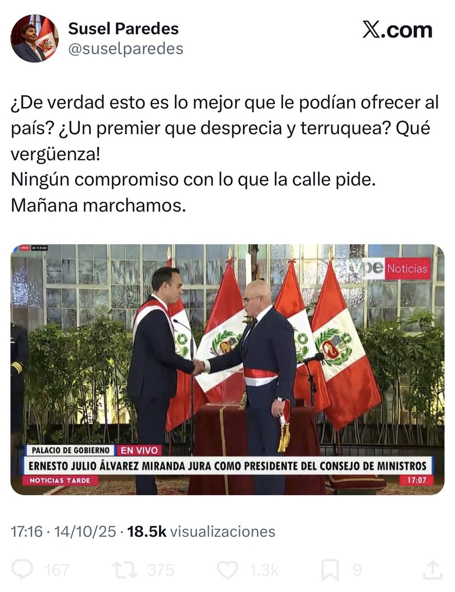 🟣 Susel Paredes rechaza al nuevo premier y pide que mañana salgan a morir por ella para que pueda asumir como presidente.