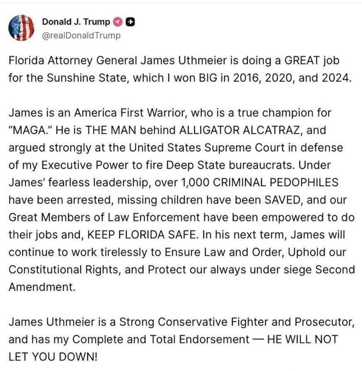 I couldn’t agree more, <a href="/AGJamesUthmeier/">Attorney General James Uthmeier</a> is a great AG and will set the standard for his position. Let’s make sure he gets elected. 🇺🇸