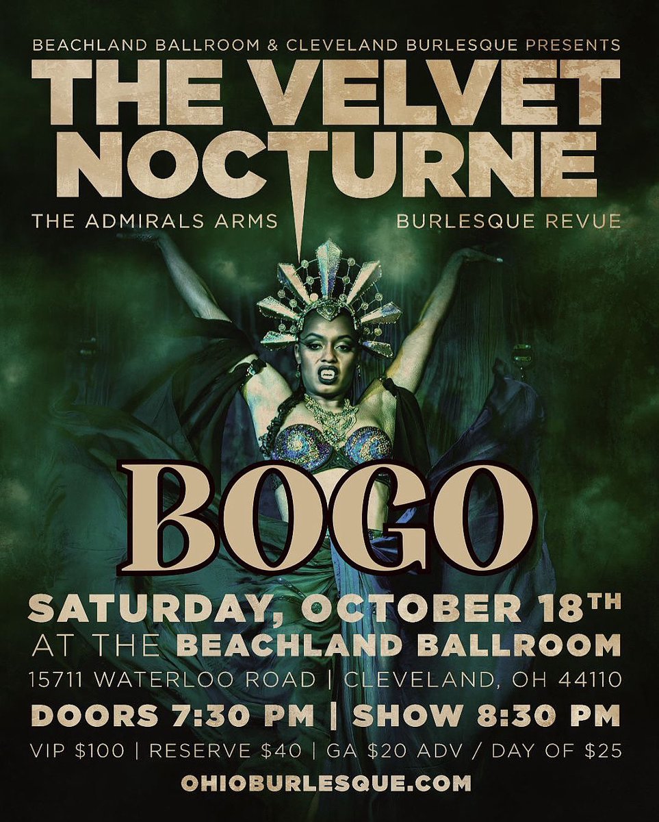 ❤️‍🔥BOGO❤️‍🔥
🦇 Velvet Nocturne: A Halloween Burlesque Revue 🦇
🗓 Oct 18 | 7:30 PM
📍 Beachland Ballroom
🎟 $20 ADV | $25 DOOR

Dress to thrill 💀💋 Tickets on sale now via The Beachland Ballroom and Tavern
#ohioburlesque #clevelandburlesque #thisburlesque #thisiscle #burlesquecle