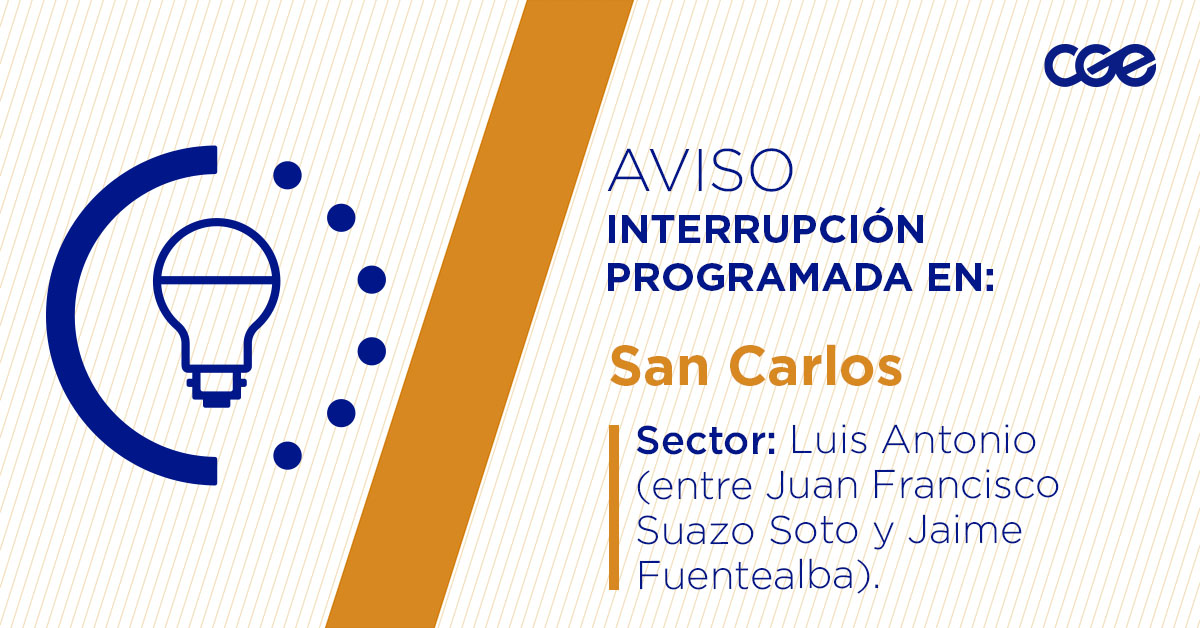 CGE_Clientes's tweet image. Para mejorar la calidad del suministro de nuestros clientes de #SanCarlos, este miércoles, entre 11:00 y 17:00 horas, se realizará una #InterrupciónProgramada (sectores en la imagen 👇) debido a trabajos de mejoras. Recuerda desconectar tus artefactos 🔌