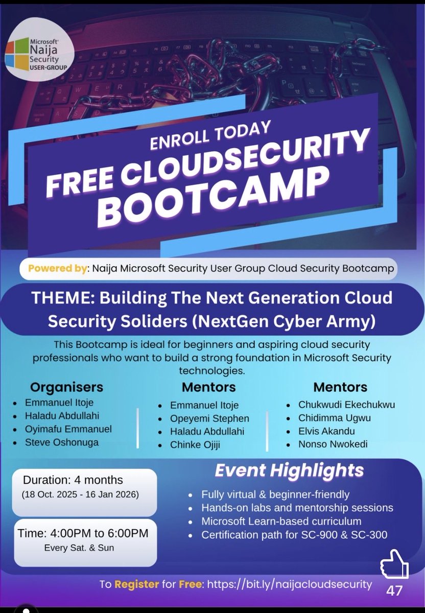 _DeejustDee's tweet image. FREE CLOUD SECURITY BOOTCAMP

REGISTER WITH THE LINK BELOW 

forms.office.com/r/KJhNgYbbfv