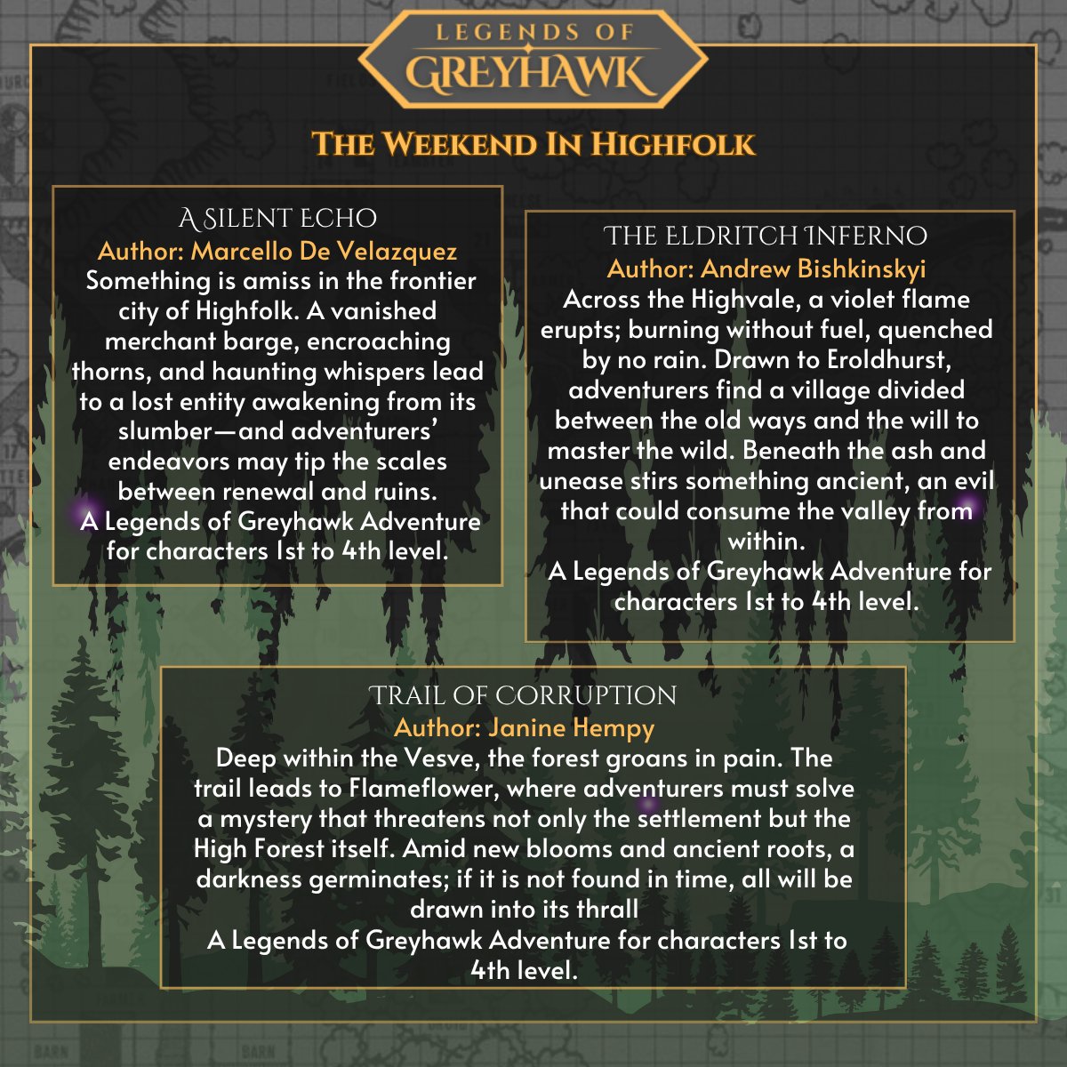 baldmangames's tweet image. #TheWeekendinHighfolk opens badges tomorrow! We can't wait to show off our full event roster! View the full schedule now on our BMG community server!🌲
@DwarvenDM @TalosStormLord @janinehempy @SwordCompass @VALiant573 #greyhawk #dnd5e @Wizards_DnD
