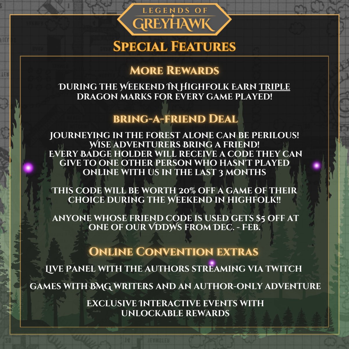 baldmangames's tweet image. #TheWeekendinHighfolk opens badges tomorrow! We can't wait to show off our full event roster! View the full schedule now on our BMG community server!🌲
@DwarvenDM @TalosStormLord @janinehempy @SwordCompass @VALiant573 #greyhawk #dnd5e @Wizards_DnD