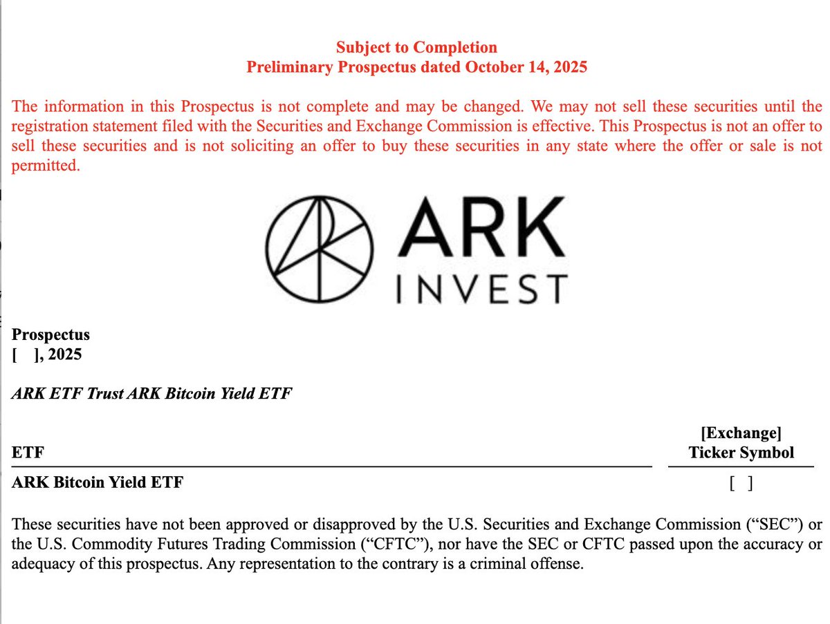 Cathie Wood and Ark Invest filed multiple new Bitcoin ETFs today (October  14, 2025): - ARK Bitcoin Yield ETF - ARK DIET Bitcoin 1 ETFs (Q1–Q4) - ARK  DIET Bitcoin 2 ETFs (