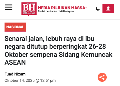 faridaffy's tweet photo. Dari 26-28 Okt nanti, banyak jalan akan ditutup sempena ASEAN. Antara jalan yang ditutup:

• MEX
• Utara-Selatan H/way (Sg Buloh ke Jln Duta)
• Elite (KLIA ke Putrajaya)
• NKVE (Subang ke Jln Duta)
• Guthrie
• KL-Seremban (Sg Besi ke pusat bandar) https://t.co/QSsrc2nEk6