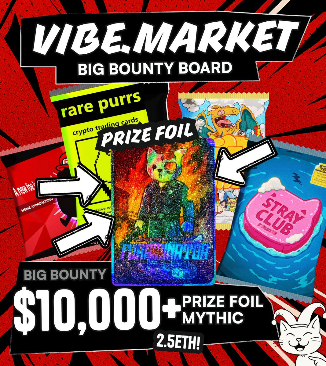 hi_im_nico's tweet image. BIG @vibedotmarket BOUNTY BOARD
pull any prize foil mythic from eligible collection, get 2.5 ETH ($10,000)