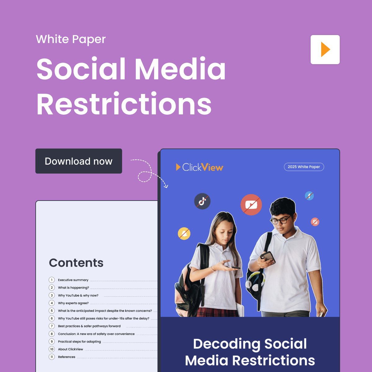 ClickView's tweet image. The window to #socialmediarestrictions is closing. 🚨
From 10 Dec 2025, #under16s will lose access to YouTube logins under Australia’s new laws, but harmful content will still be just a click away.
Download our free guide: clickv.ie/w/Yn83