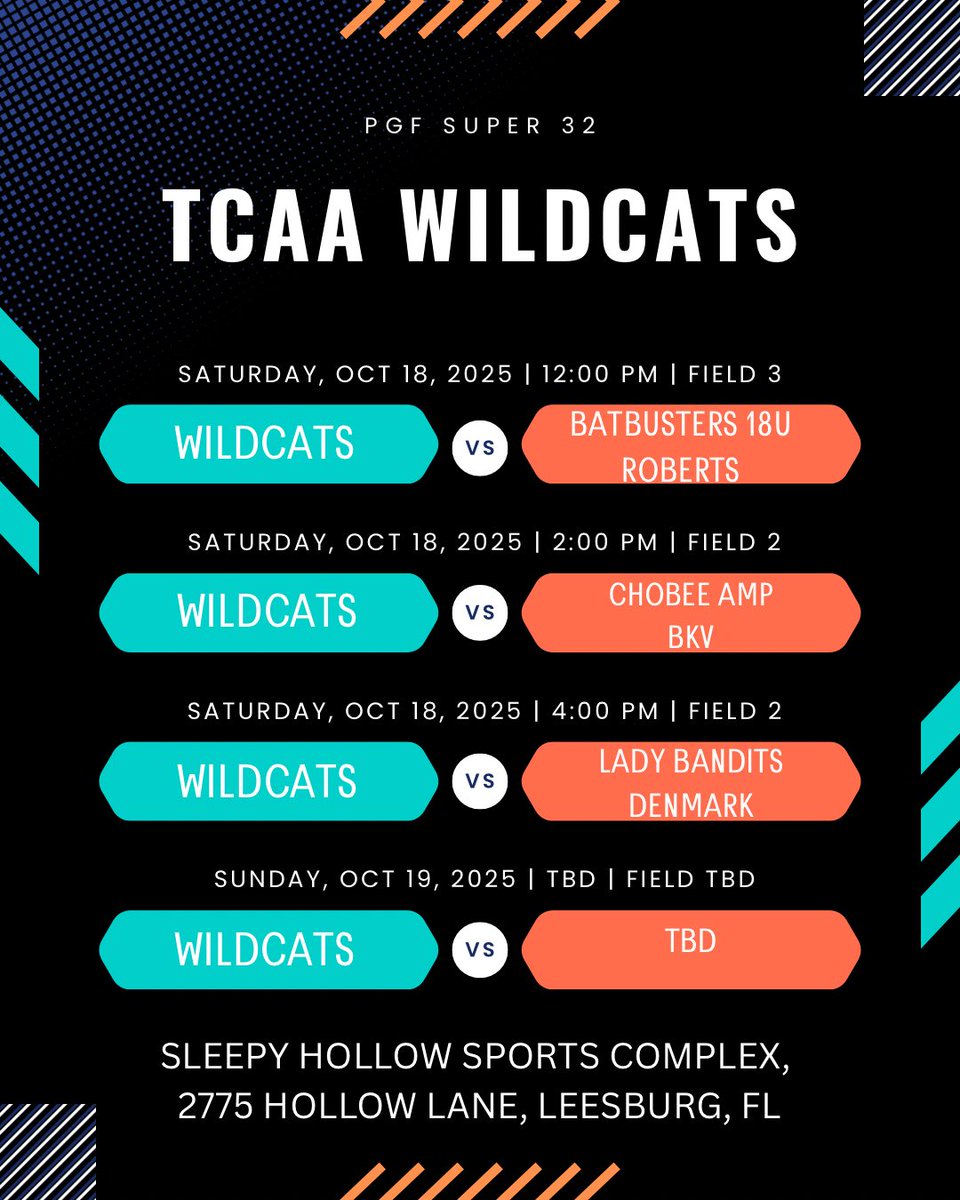 There won’t be any sleeping at Sleepy Hollow Sports Complex this weekend for the PGF Super 32.  TCAA Wildcats 18u is ready to play an amazing weekend of softball!!!!  Coaches, come and check us out 🧡🩵🖤 <a href="/SBRRetweets/">Softball Recruiting Reposts</a> <a href="/SoftballDown/">Down South Softball</a> <a href="/HrPendrey/">Haylee Pendrey</a>