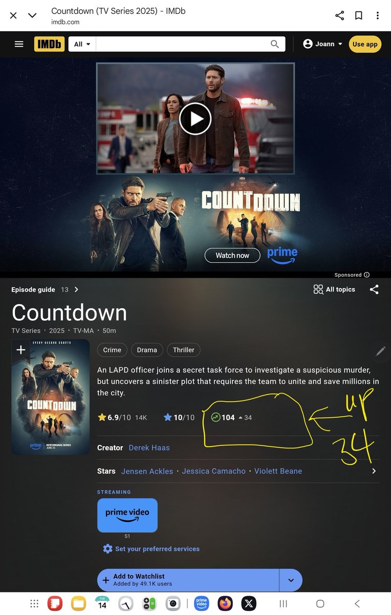 jraytar's tweet image. Countdown's popularity on IMDb is up 34 pts! Everything helps, keep going everyone!
#SaveCountdown