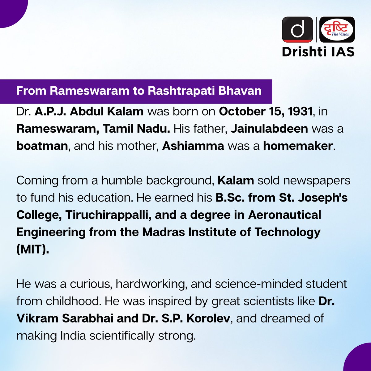 drishtiiaseng's tweet photo. A scientist, a teacher, a visionary — The People’s President.
#APJAbdulKalam #MissileManOfIndia #WingsOfFire #IgnitedMinds #DreamBig #PeoplePresident #KalamLivesOn #InspirationForIndia #Vision2020 #IndianYouth #DrishtiIAS #DrishtiIASEnglish https://t.co/9qEuN2tsCl