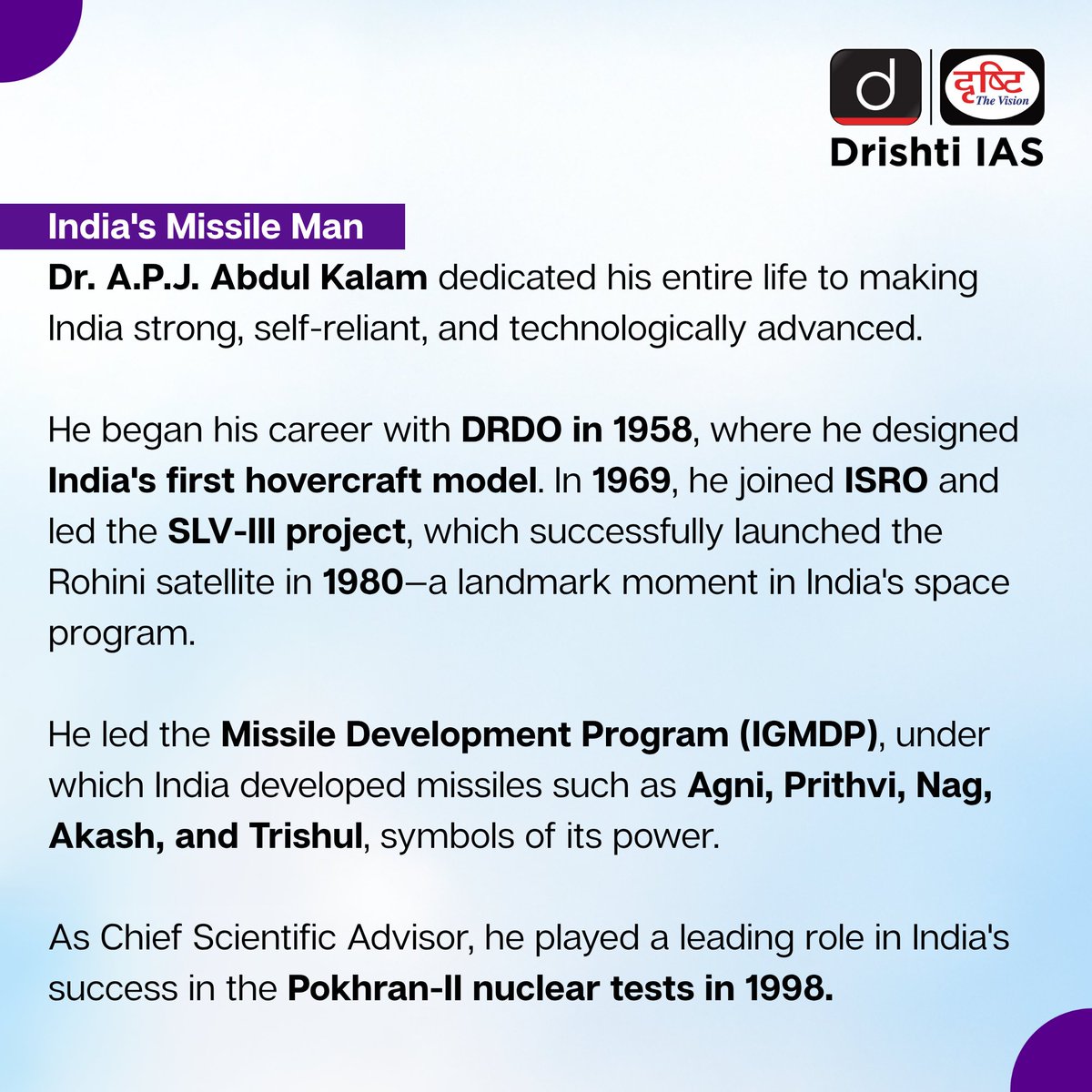 drishtiiaseng's tweet photo. A scientist, a teacher, a visionary — The People’s President.
#APJAbdulKalam #MissileManOfIndia #WingsOfFire #IgnitedMinds #DreamBig #PeoplePresident #KalamLivesOn #InspirationForIndia #Vision2020 #IndianYouth #DrishtiIAS #DrishtiIASEnglish https://t.co/9qEuN2tsCl
