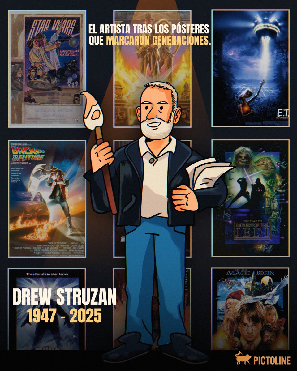 pictoline's tweet photo. 🎬  Igual no te suena su nombre, pero seguro reconoces alguno de estos pósteres. Hoy se despide el artista detrás de ellos: Drew Struzan🖌️🎨

#drewstruzan #rip #movieposter #posters #art #movies #indianajones #starwars #harrypotter #entretenimiento #breaking #pictoline https://t.co/ZauUiIz1v8