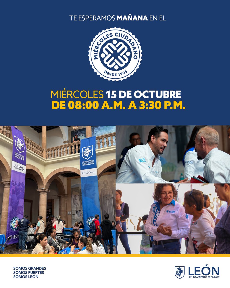 ¡Estamos listos para recibirte mañana en el #MiércolesCiudadano! 🦁

Todos los trámites en un solo lugar, Presidencia Municipal.

¡Te esperamos!✌🏼