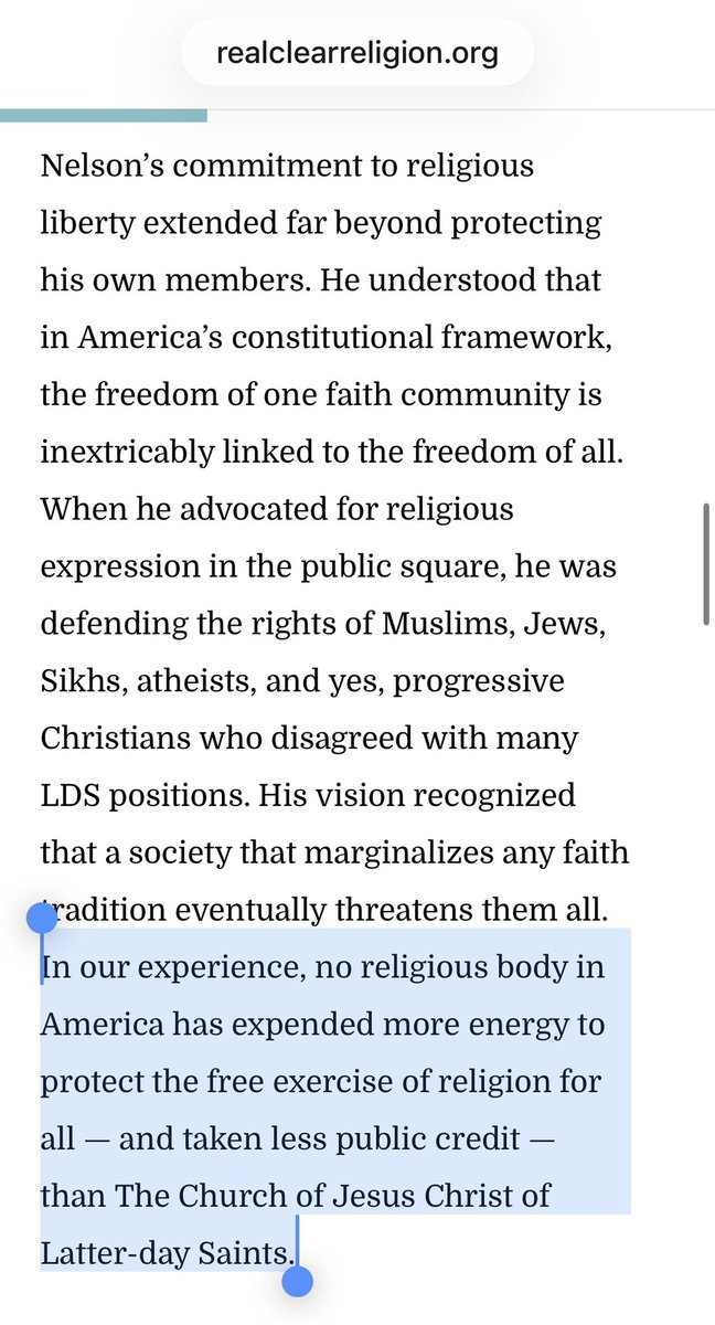 TeeplesCY's tweet image. Two religious freedom advocates, neither of whom are Latter-day Saints, declared:

“No religious body in America has expended more energy to protect the free exercise of religion for all — and taken less public credit — than The Church of Jesus Christ of Latter-day Saints.”