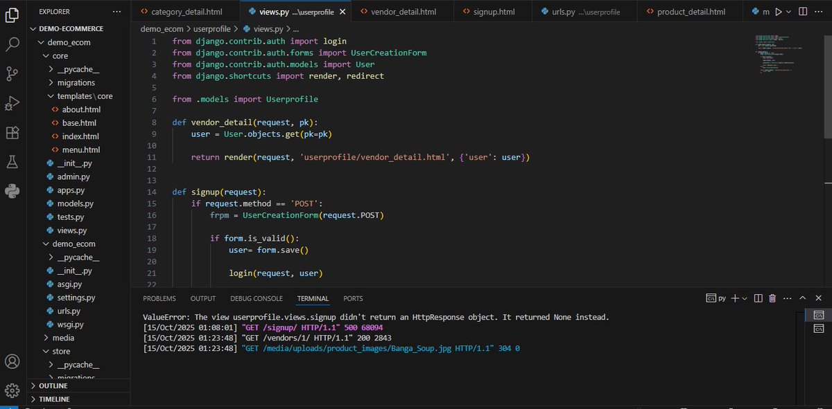 Crypt0ghostt's tweet image. E-commerce website progress
. Create core app for base page.
. Create app for user profile, store
. Add category model
. Category, details views
. Add Vendor detail page
. Debugging.
The blog website's full video will be out soon
#Ecommercewebsite #djangoproject #python