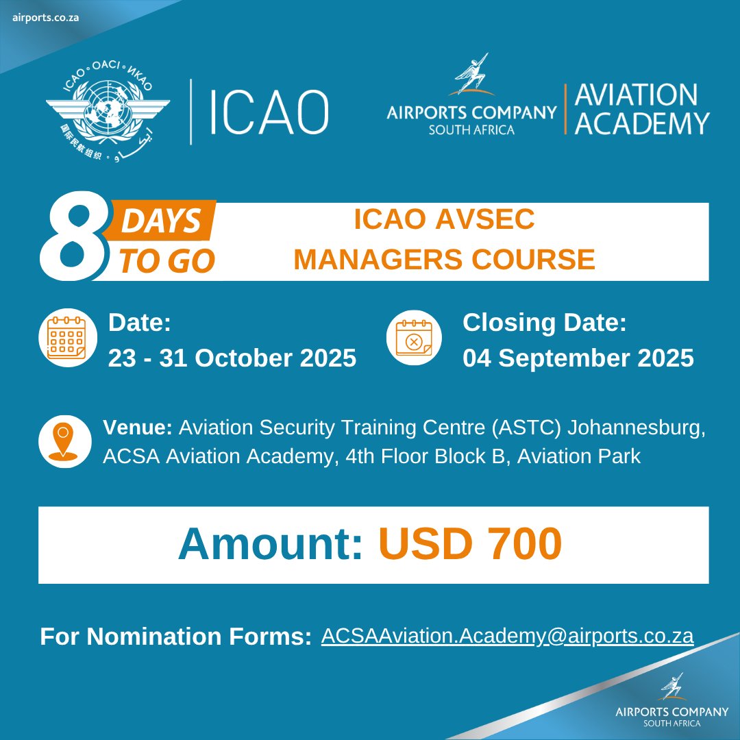 ⏳ 8 Days to Go! ✈️

The countdown is on to our ICAO AVSEC Managers COURSE!

The ICAO AVSEC Managers Course (ASTP), a seven-day course is designed to provide aviation security personnel at managerial level to plan, coordinate and implement the application of airport security