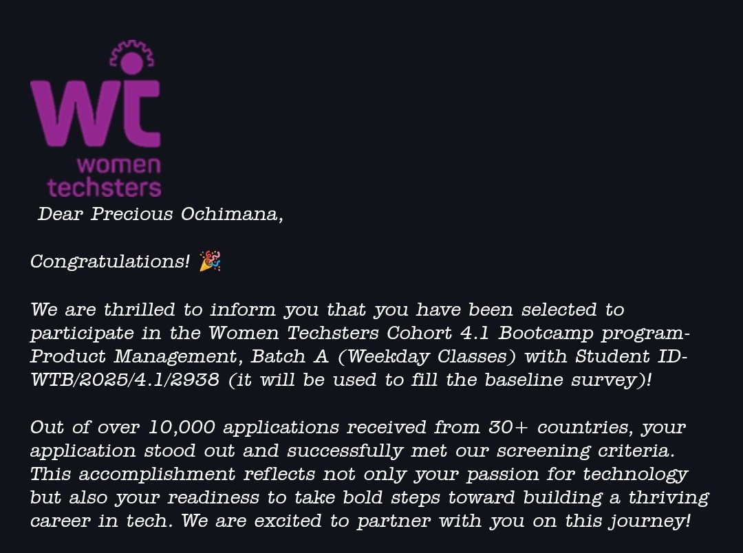 Hoping I'm not to late to get some grace on this one, I'm so happy to be selected for this cohort, hopefully I'll be onboarded...

<a href="/Tech4DevHQ/">Tech4Dev</a> <a href="/Tech4Dev/">Adele Waugaman</a> and #WomenTechsters #WTBootcampCohort2025 #AIForHer.