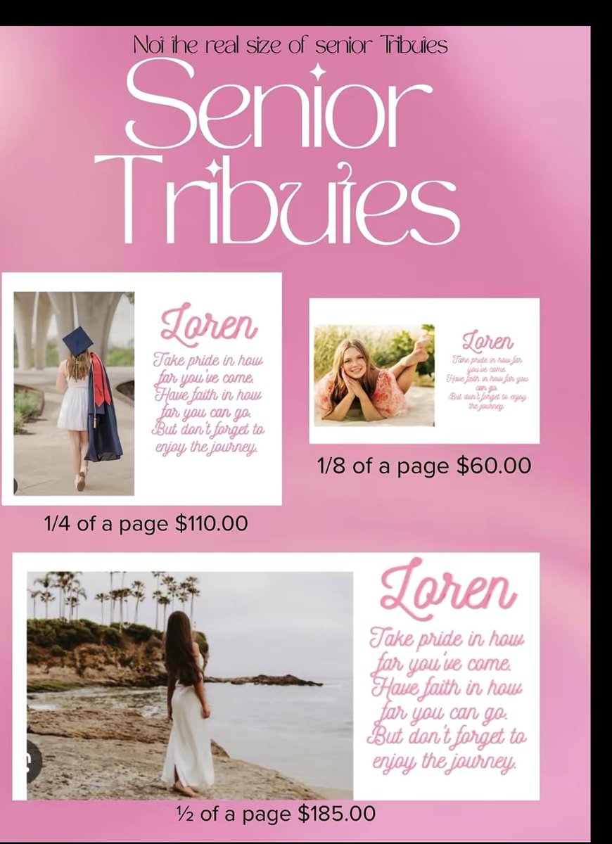 SENIOR TRIBUTES ARE LIVE! 
Celebrate your senior with a special shoutout in the 2025 Yearbook!
Showcase their photos and memories for a lasting keepsake. 
Sizes &amp; Prices: 1/8 Page – $60 1/4 Page – $110 1/2 Page – $185 Full Page – $320
Order online: yearbookforever.com