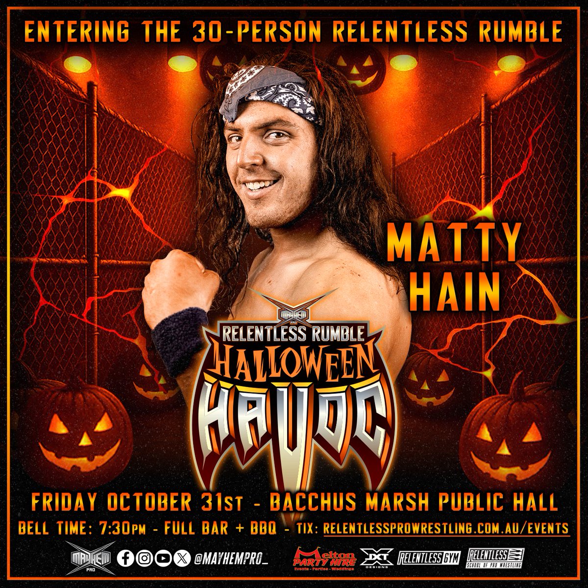 ‼️Relentless Rumble Entrants‼️

'The Roaring Taniwha' Johari
&amp;
'Here comes the Hain!' Matty Hain

Could either of these men earn a title shot at Mayhem Pro by winning the Relentless Rumble?

📅Fri Oct 31
📍Bacchus Marsh Public Hall
🔔7:30pm 
🎟️relentlessprowrestling.com.au/events