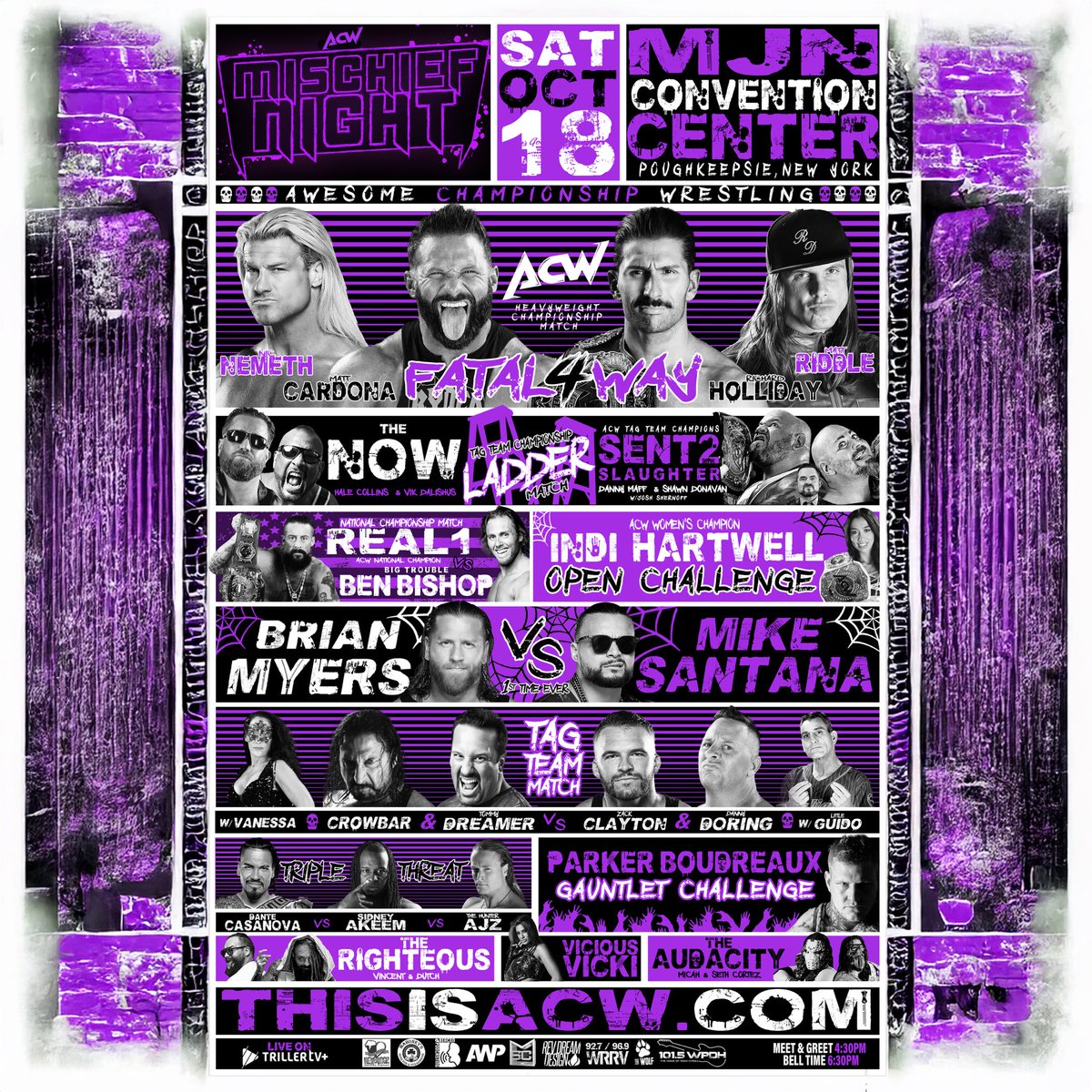 Awesome Championship Wrestling (@this_is_acw) on Twitter photo This Saturday!
ACW: Mischief Night
Sat Oct 18 
Poughkeepsie, NY
🎟 ThisisACW.com
<a href="/MostMarketable/">Richard Holliday</a> <a href="/NicTNemeth/">Nic Nemeth</a> <a href="/TheMattCardona/">Matt Cardona</a> <a href="/SuperKingofBros/">Matthew Riddle</a> <a href="/Santana_Proud/">Mike SANTANA🇵🇷</a> <a href="/Myers_Wrestling/">Brian Myers</a> <a href="/ThenowVik/">Vik Dalishus</a> <a href="/Hale_Collins/">Hale Collins</a> <a href="/indi_hartwell/">Indi Wrestling</a> <a href="/zackclayton/">Zack Clayton™️</a> <a href="/wcwcrowbar/">CROWBAR</a> <a href="/DannyMaff1/">DannyMaffWrestling300</a> <a href="/ShawnDonavan01/">𝔾ℝ𝕀ℤℤ𝕃𝔼𝔻 𝔼ℕℍ𝔸ℕℂ𝔼𝕄𝔼ℕ𝕋 𝕍𝔼𝕋𝔼ℝ𝔸ℕ</a> This Saturday!
ACW: Mischief Night
Sat Oct 18 
Poughkeepsie, NY
🎟 ThisisACW.com
<a href="/MostMarketable/">Richard Holliday</a> <a href="/NicTNemeth/">Nic Nemeth</a> <a href="/TheMattCardona/">Matt Cardona</a> <a href="/SuperKingofBros/">Matthew Riddle</a> <a href="/Santana_Proud/">Mike SANTANA🇵🇷</a> <a href="/Myers_Wrestling/">Brian Myers</a> <a href="/ThenowVik/">Vik Dalishus</a> <a href="/Hale_Collins/">Hale Collins</a> <a href="/indi_hartwell/">Indi Wrestling</a> <a href="/zackclayton/">Zack Clayton™️</a> <a href="/wcwcrowbar/">CROWBAR</a> <a href="/DannyMaff1/">DannyMaffWrestling300</a> <a href="/ShawnDonavan01/">𝔾ℝ𝕀ℤℤ𝕃𝔼𝔻 𝔼ℕℍ𝔸ℕℂ𝔼𝕄𝔼ℕ𝕋 𝕍𝔼𝕋𝔼ℝ𝔸ℕ</a>
