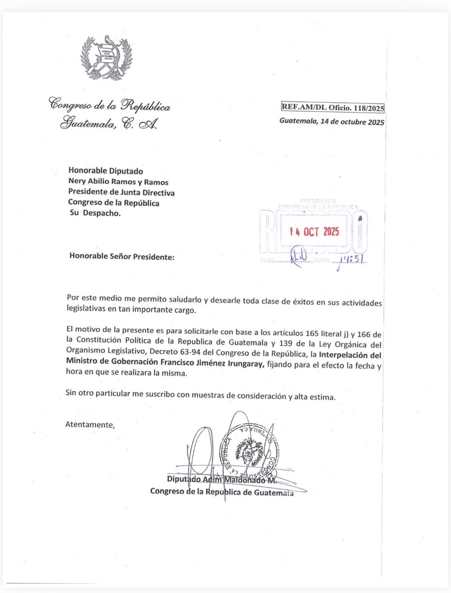 El diputado <a href="/AdimMaldonado/">Adim Maldonado</a> ha presentado la  solicitud la interpelación del Ministro de Gobernación,  Francisco Jiménez, por lo que pide a la Junta directiva del <a href="/CongresoGuate/">Congreso Guatemala</a> fijar fecha y hora de inicio.  #congresogt #Guatemala #Gobernacion