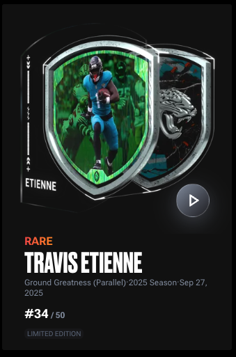 bumsterNFT's tweet photo. Travis Etienne
Ground Greatness
my first Emerald parallel
from a 2025 Playbook Week 6 - Classic reward pack
#NFLALLDAY https://t.co/bqH1nqH9Vj