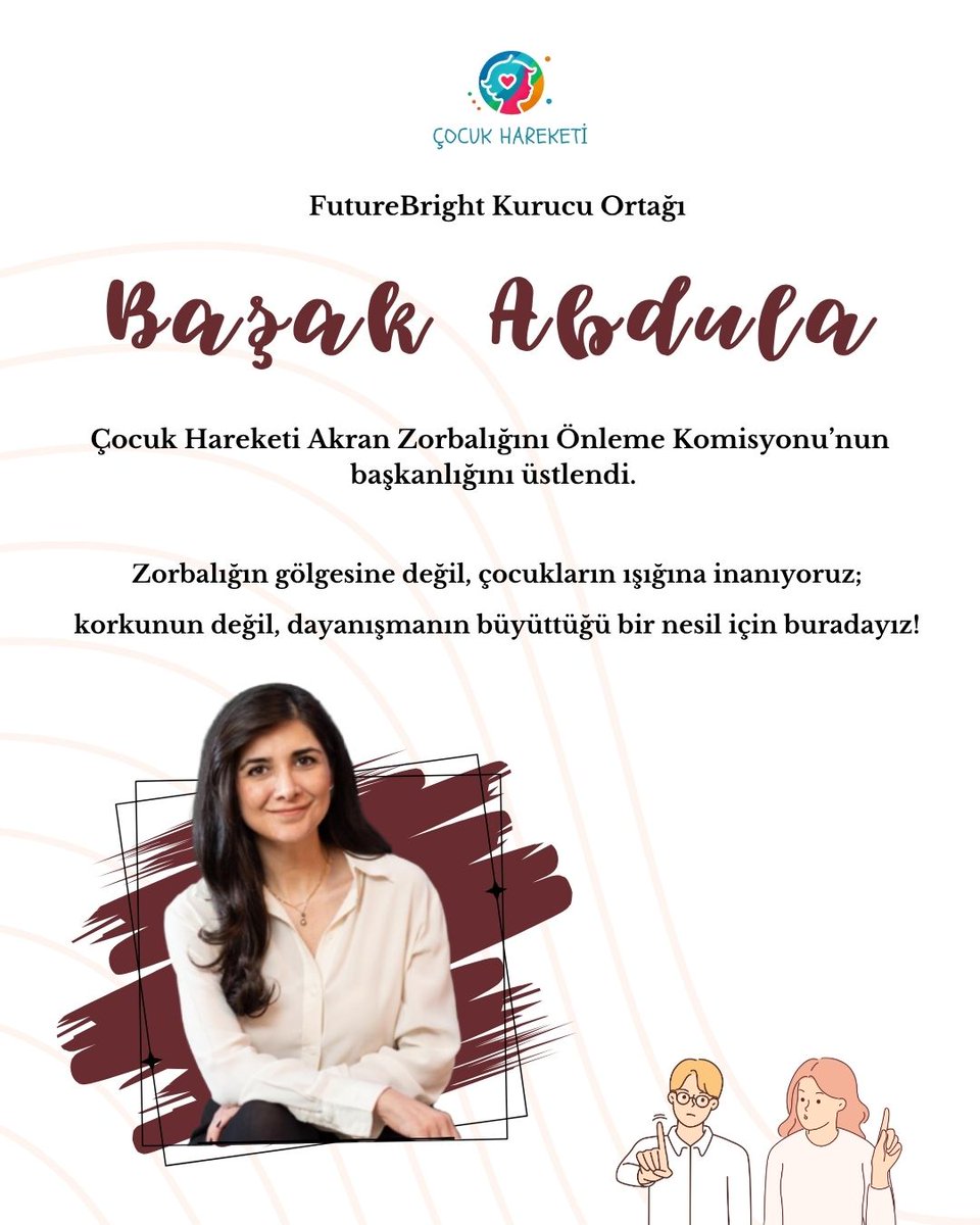 FutureBright Group ortağı değerli <a href="/BasakAbdula/">Başak Abdula</a> 'nın Akran Zorbalığını Önleme Komisyonu başkanlık görevini üstlenmesinin mutluluğunu yaşıyoruz!

<a href="/FutureBGroup/">FutureBright Group</a> #FutureBrightGroup #çocuk #çocukhareketi #zorbalık #akranzorbalığı #gündem #ergen #ergenlik #psikoloji #pedagoji