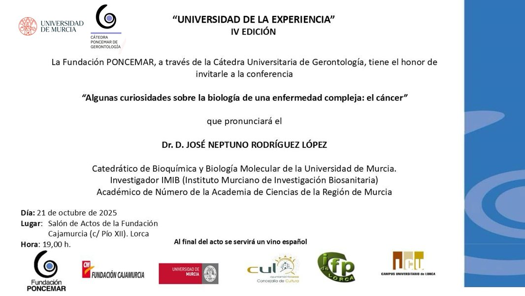 El próximo martes 21 de octubre a las 19:00h 🕖 en el Aula de Cultura Cajamurcia, Calle Pio XII, Lorca, tendrá lugar la ponencia "Algunas curiosidades sobre la biología de una enfermedad compleja: el cáncer” a cargo del Dr. D. José Neptuno Rodríguez López. ¡Os esperamos!👏🏻