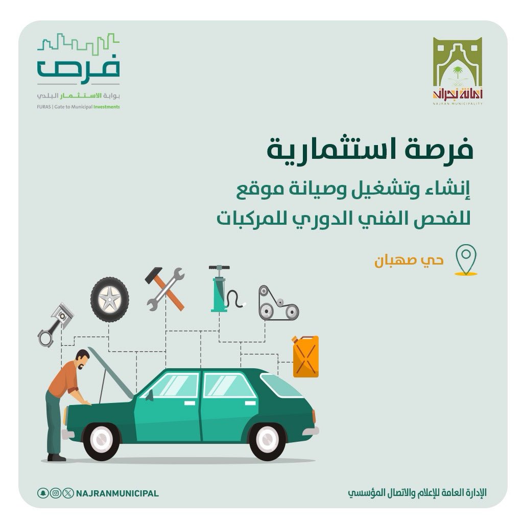 #فرصة إستثمارية

إنشاء وتشغيل وصيانة موقع للفحص الفني الدوري للمركبات 
بحي صهبان.
 
#أمانة_منطقة_نجران