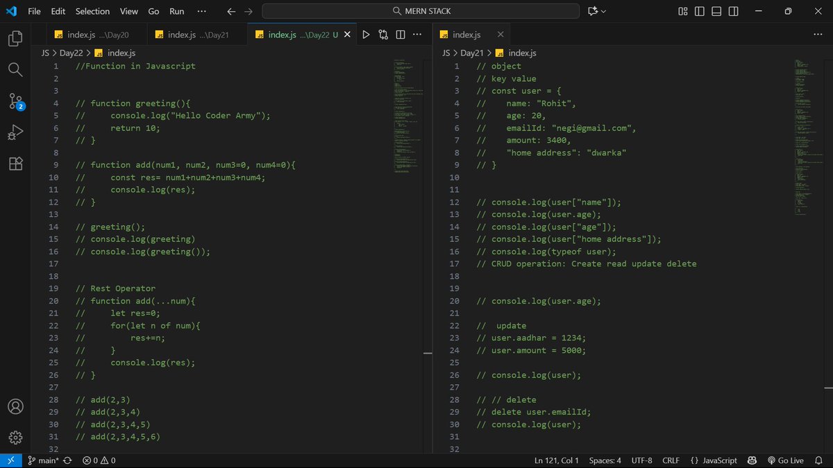 AayushChau75035's tweet image. Day 23 & 24 of MERN Stack Journey🌿🍁
Topics covered:
🔸Objects in JS
🔸how to access key or values of object
🔸Destructuring of object
🔸Imp of this keyword
🔸Functions, Arrow, IIFE
🔸Callback functions
🔸Rest vs Spread Operator
thanks @rohit_negi9 our 🐐
#JavaScript #coderarmy