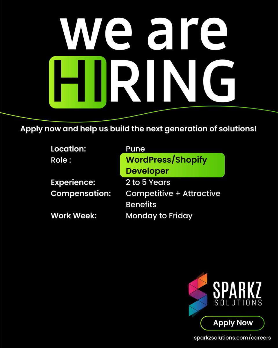 SparkzSolutions's tweet image. 🚀 We're Hiring a WordPress/Shopify Developer at Sparkz Solutions! 🚀
📩 Apply Now: sparkzsolutions.com/careers
💻 Role: WordPress Developer
🛠 Experience: 2–6 Years
#WebDevelopment #PHPDeveloper #PuneJobs #NowHiring #WordPressDevelopment #Hiring #HiringNow #JobsinPune