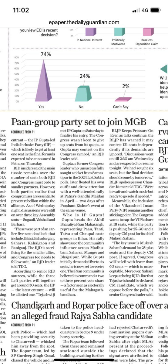 Salaria_Shikha1's tweet image. #Mahagathbandhan is set to host another party with #IPGupta-led #India Inclusive Party set to get at least 1 seat in the final seat-sharing arrangement.IIP claims to represent Pan,Tanti,Tatva & Chaupal caste groups & Gupta had held a mega show of strength in April in GandhiMaidan