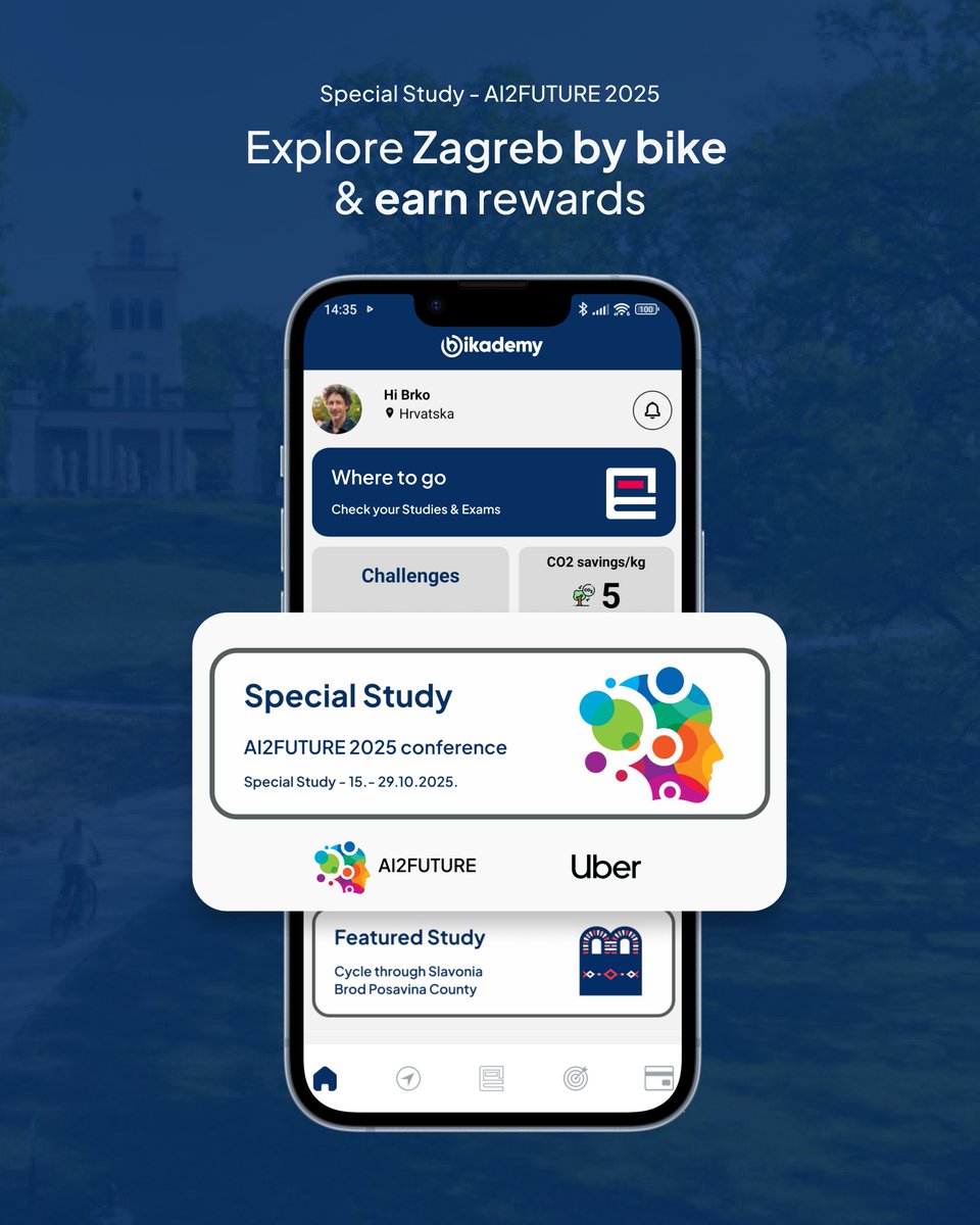 🚲 New Special Study: AI2FUTURE 2025  

Explore Zagreb by bike from October 15–29 (until midnight) and earn rewards! 🌍

Visit three locations: Maksimir Viewpoint, Kraš, and Jelačić Square, check in through the Bikademy app (“Pass the Exam”) and win prizes. 🎁

This Special Study