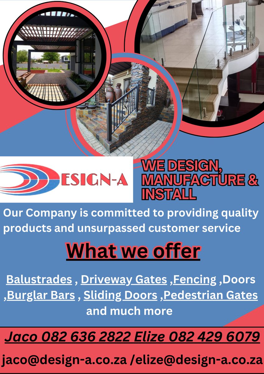 DesignAPretoria's tweet image. We Design, Manufacture and Install - Steel, Stainless Steel &amp;amp; Glass Balustrades, Driveway Gates, Fences, Security Doors, Burglar Bars, Decks and much more...