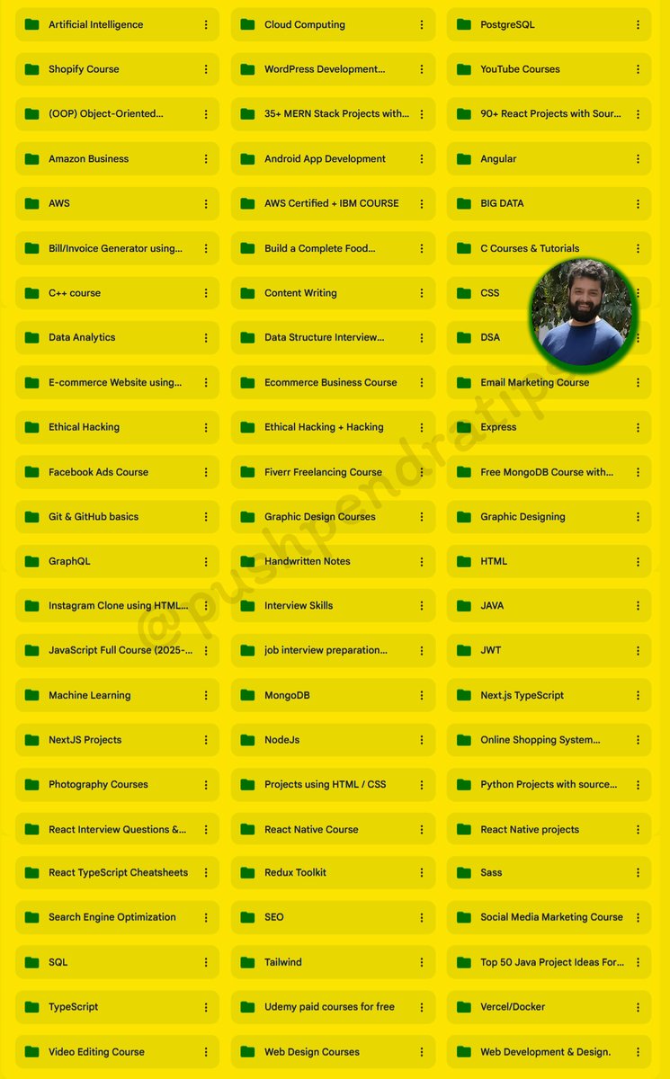 pushpendratips's tweet image. 🌱 Free Full-Stack Web Development Roadmap
   Learn step-by-step:

💛 HTML • CSS • JavaScript
💛 React • Next.js • TypeScript
💛 Node.js • Python • APIs • SQL • AWS
💛 Git • OOP • JWT • DSA
💛 35+ MERN Projects + Notes + Interview Prep

Perfect for 🌟 Beginners &amp;amp;…
