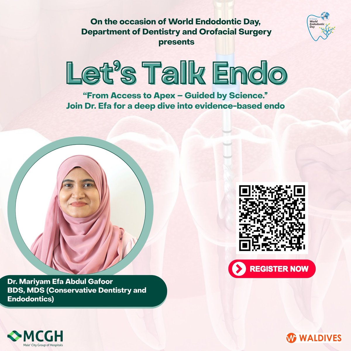 igmhmv's tweet photo. In celebration of World Endodontic Day The Department of Dentistry and Orofacial Surgery is pleased to invite you to a special session with Dr. Efa, Consultant in Conservative Dentistry and Endodontics, on the topic:
“Research-Based Practices in Endodontics”

Open for all Dentists. 
Register now at https://t.co/ATkkrjPQH5