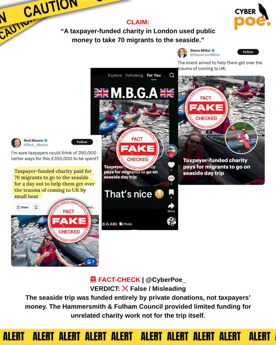 cyberpoe_'s tweet image. 🚨 FACT-CHECK | @CyberPoe_
CLAIM:
“A taxpayer-funded charity in London used public money to take 70 migrants to the seaside.”
VERDICT: ❌ False / Misleading
The seaside trip was funded entirely by private donations, not taxpayers’ money. The Hammersmith & Fulham Council…