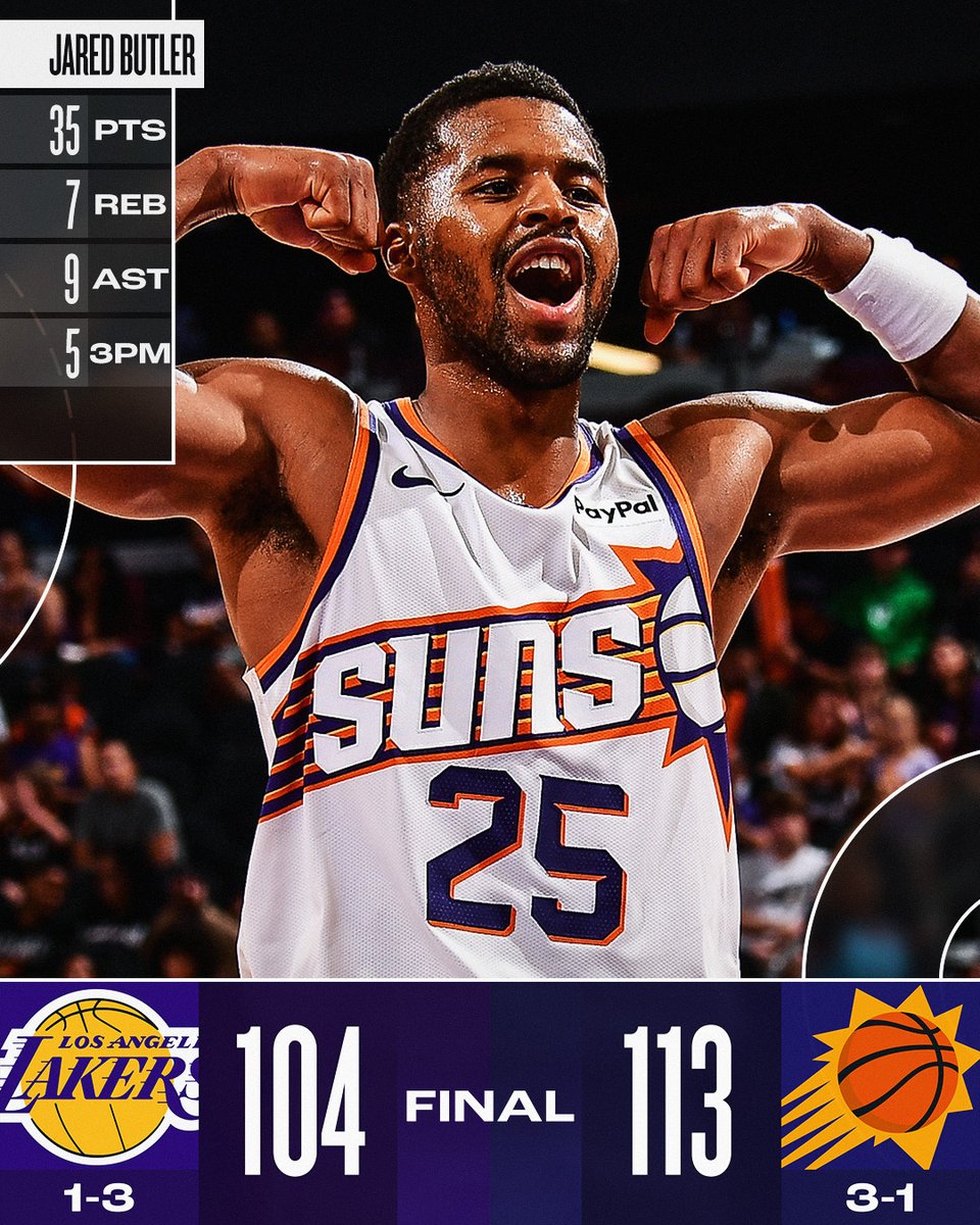 🏀 TUESDAY'S FINAL SCORES 🏀

Jared Butler has himself a HUGE night to propel the @Suns to their 3rd win in the preseason!

Jordan Goodwin: 24 PTS, 6 AST
Khaman Maluach: 17 PTS, 8 REB, 3 STL, 2 BLK
Luka Dončić: 25 PTS, 7 REB, 4 3PM
Austin Reaves: 25 PTS, 4 REB 