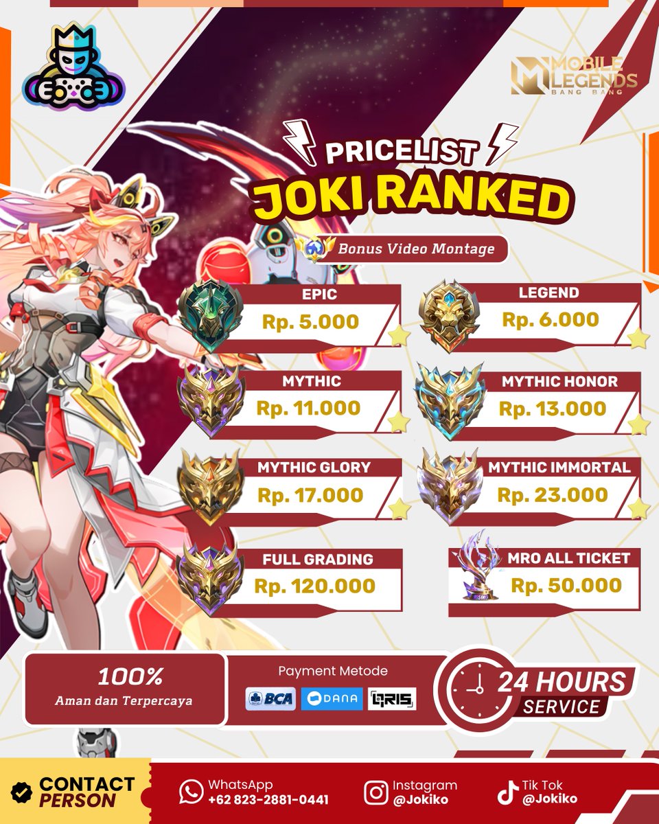 JokikoStore's tweet image. 🔥PROMO JOKI DI JOKIKO🔥

Setiap Order 5🌟 Bonus 2🌟
Free req hero! 

!Harga bisa nego tergantung jumlah order!

#jokiko #zonauang #jokiml