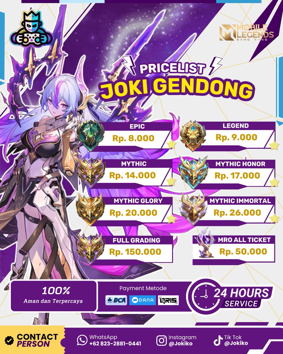 JokikoStore's tweet image. 🔥PROMO JOKI DI JOKIKO🔥

Setiap Order 5🌟 Bonus 2🌟
Free req hero! 

!Harga bisa nego tergantung jumlah order!

#jokiko #zonauang #jokiml