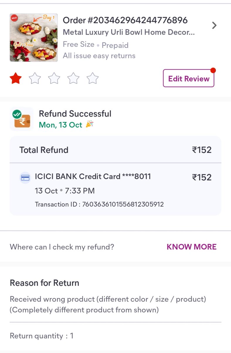 bkhetwal's tweet photo. @meesho_support After escalating the issue on Twitter, I received a call and a home visit.incorrect product was collected and a refund for one item was proced the refund for the remaining three products was denied. I've received INR 152. I request a full refund for rest 3 products. https://t.co/wJeyxHtudR