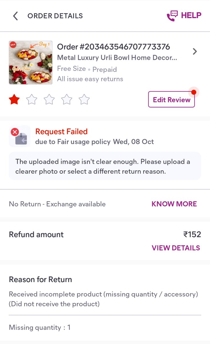 bkhetwal's tweet photo. @meesho_support After escalating the issue on Twitter, I received a call and a home visit.incorrect product was collected and a refund for one item was proced the refund for the remaining three products was denied. I've received INR 152. I request a full refund for rest 3 products. https://t.co/wJeyxHtudR